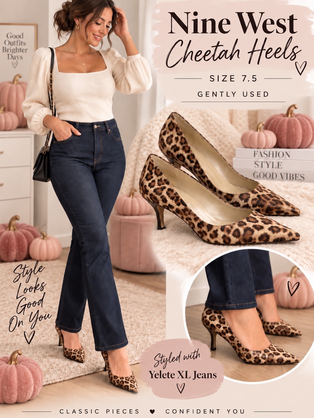Nine West Cheetah Print Pumps with Dark Blue Jeans Styling (Jeans separate)